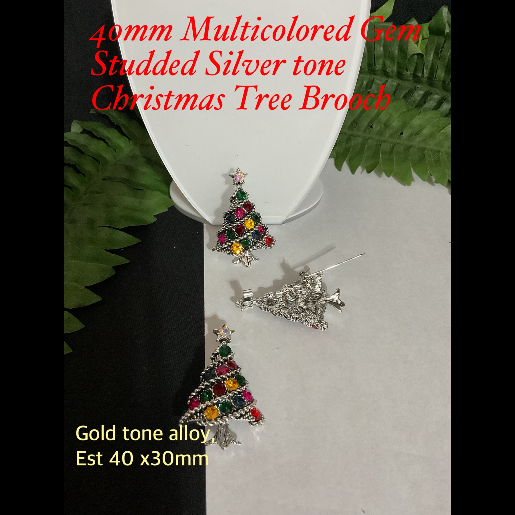 40mm Multicolored Gem Studded Silver tone Christmas Tree Brooch 25% off!
