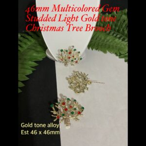 46mm Multicoloured Gem Studded Light Gold tone Christmas Tree Brooch 25% off!