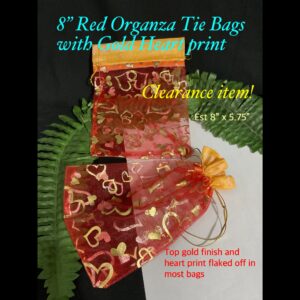 8" Red Organza Tie Bags with Gold Heart print (est 20pcs) CLEARANCE ITEM!