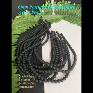 6mm Natural Frosted Black Agate beads (est 62pcs) Grade A!