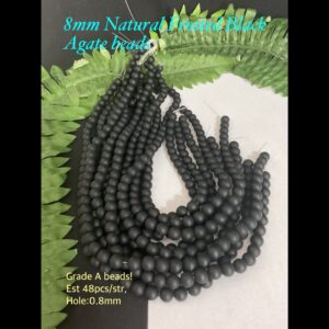 8mm Natural Frosted Black Agate beads (est 48pcs) Grade A!