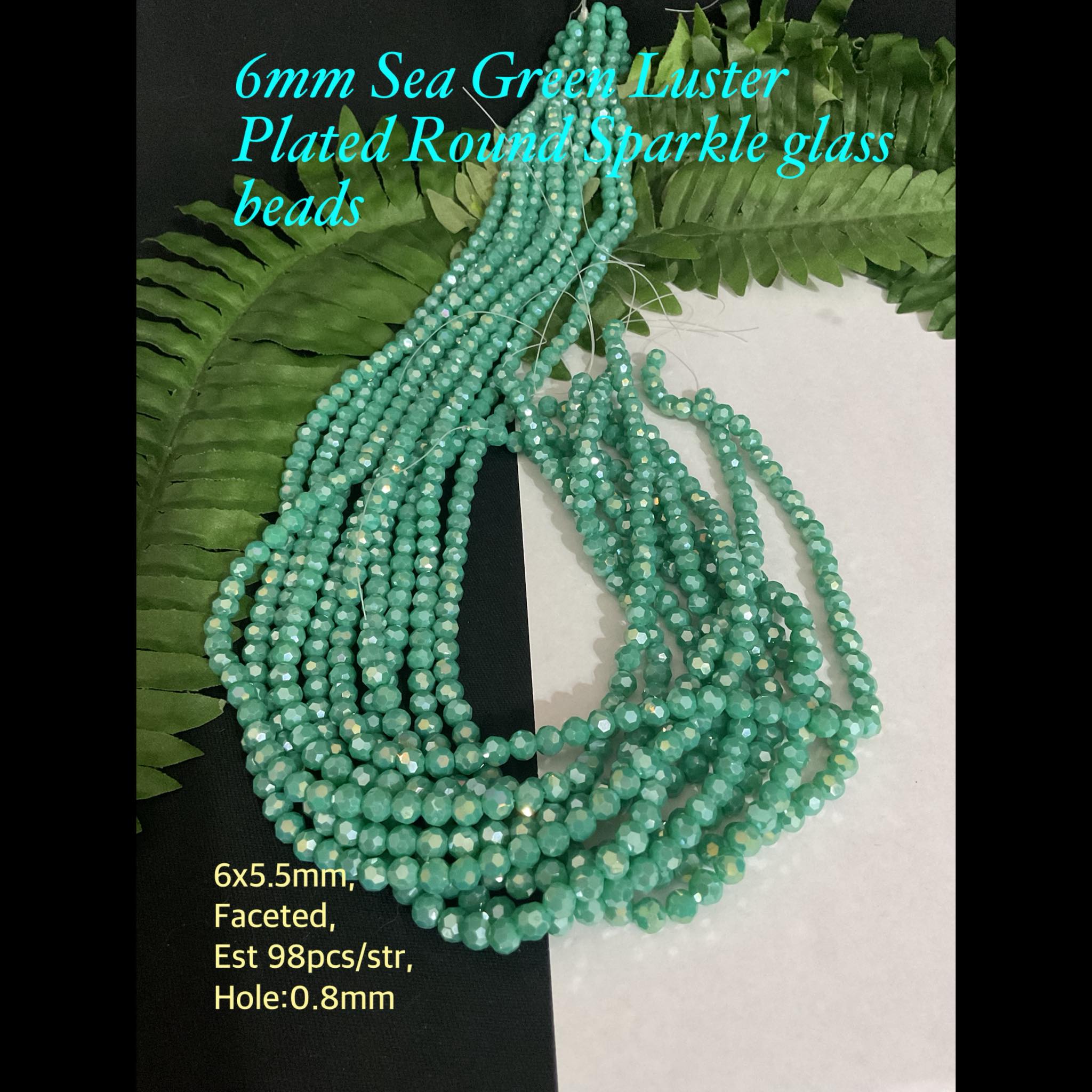 6mm Sea Green Luster Plated Round Sparkle glass beads (est 98pcs)