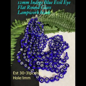12mm Indigo Blue Evil Eye Flat Round Glass Lampwork beads (est 30-31pcs)