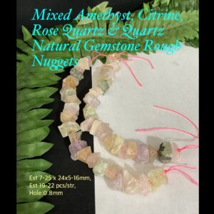 Mixed Amethyst, Citrine, Rose Quartz & Quartz Natural Gemstone Rough Nuggets (est 19-21cm strand)