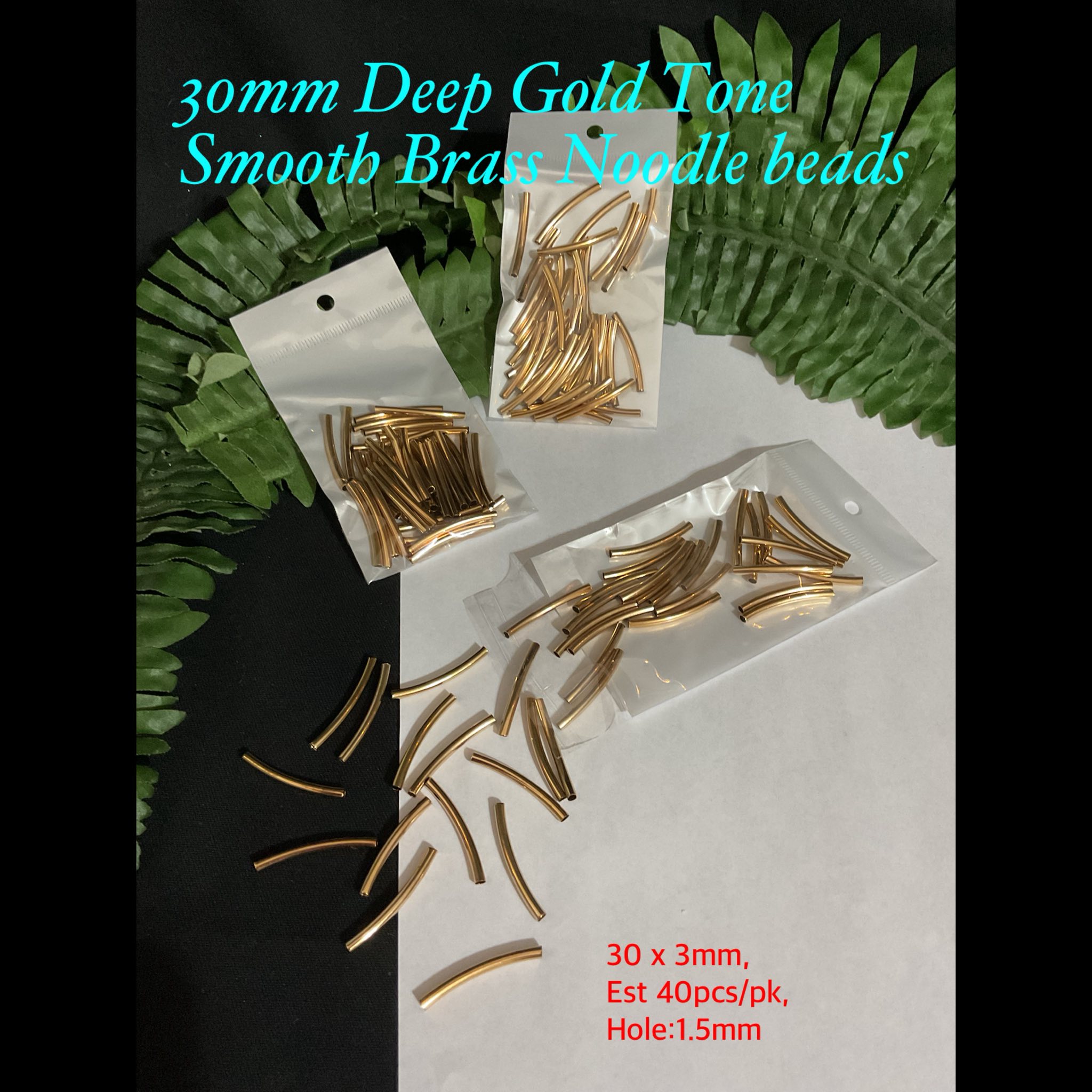 30mm Deep Gold Tone Smooth Brass Noodle beads (est 40pcs)