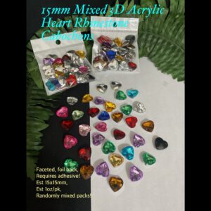 15mm Mixed 3D Acrylic heart Shaped Rhinestone Cabochons (est 1oz) 20% off!