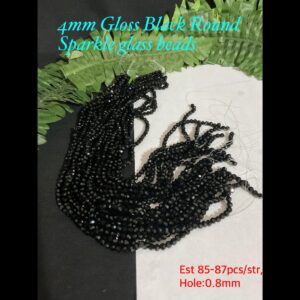 4mm Gloss Black Round Sparkle glass beads (est 85-87pcs/str)