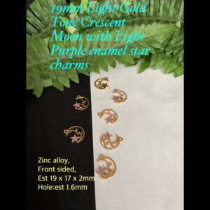 19mm Light Gold Tone Crescent Moon with Light Purple enamel star charms (3pcs)