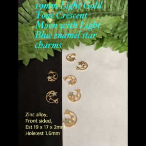19mm Light Gold Tone Crescent Moon with Light Blue enamel star charms (3pcs)