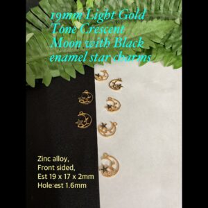 19mm Light Gold Tone Crescent Moon with Black enamel star charms (3pcs)