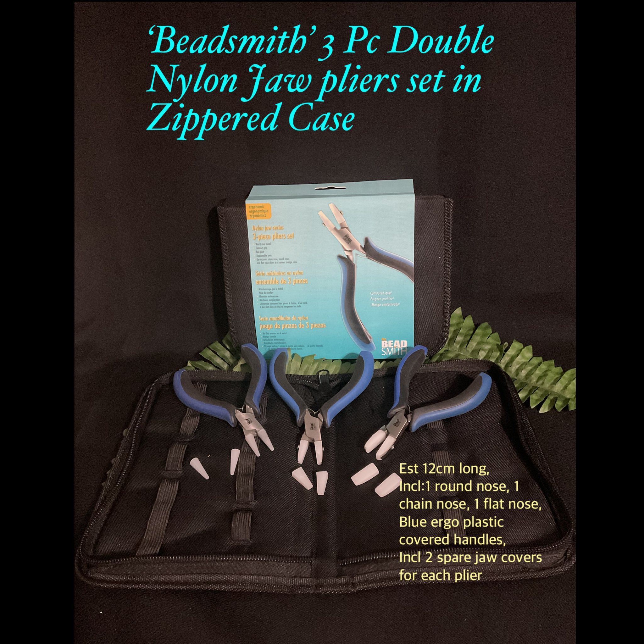 'Beadsmith' 3pc Double Nylon jaw Pliers set in zippered case (blue handle)