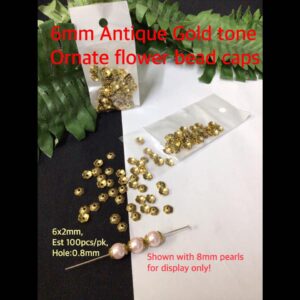 6mm 6 Petal Ornate Flower Antique Gold tone bead caps (est 0.40oz)