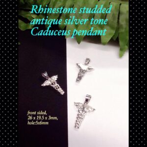 26mm Rhinestone studded antique silver tone Caduceus pendant