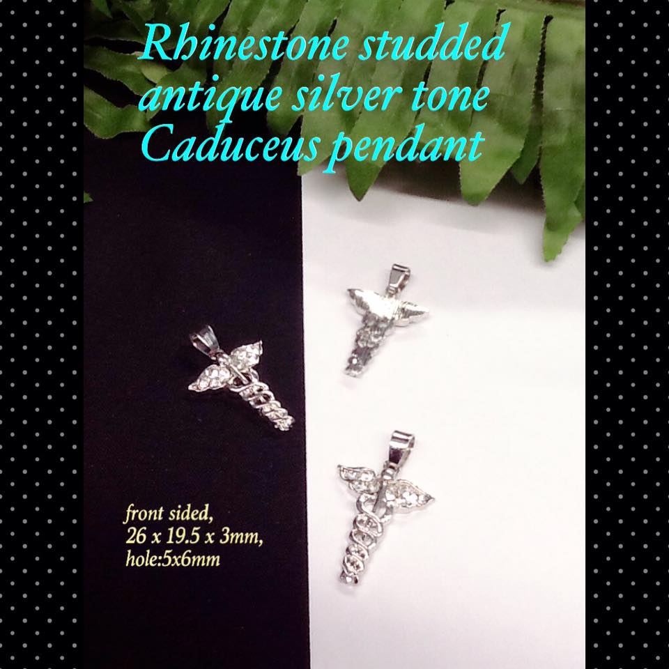 26mm Rhinestone studded antique silver tone Caduceus pendant