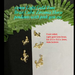 21mm Light Gold Tone Brass Cubic Zirconia Horse Pendants with pink gem eye