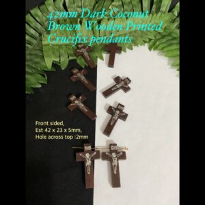 42mm Dark Coconut Brown Wooden Printed Crucifix Pendants (4pcs)