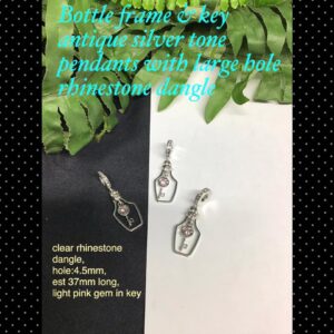 37mm Bottle frame/key antique silver tone pendant with large hole rhinestone dangle