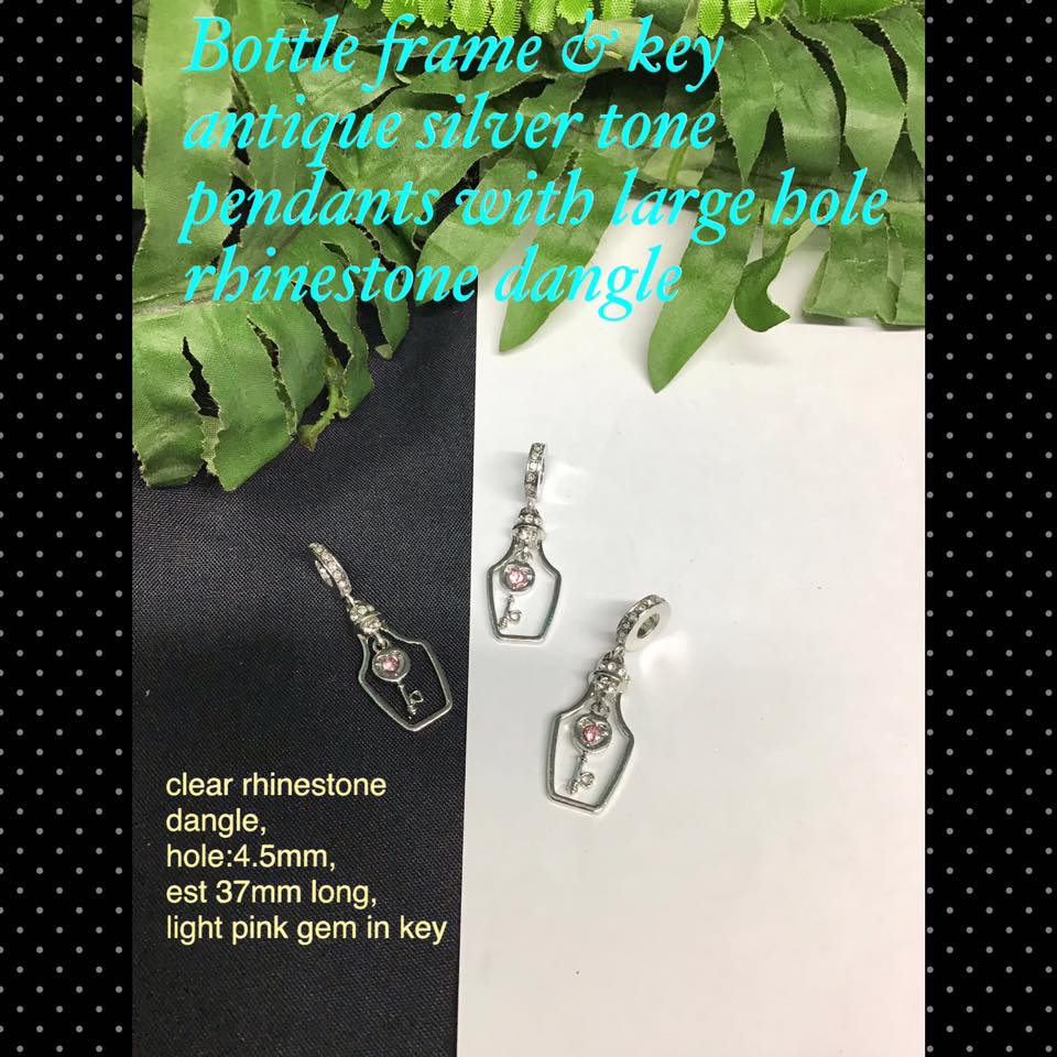 37mm Bottle frame/key antique silver tone pendant with large hole rhinestone dangle