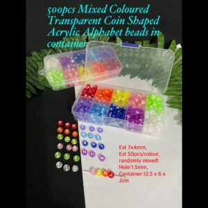 500pcs 7mm Mixed Coloured Transparent Coin Shaped Acrylic alphabet beads in container 10% off until 15Apr26!