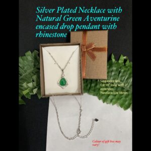 18" Silver Plated necklaces with Natural Green Aventurine Encased Drop Pendant with Rhinestone 30% off!