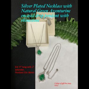 17" Silver Plated necklace with Natural Green Aventurine Encased Drop Pendant with Rhinestone 30% off!