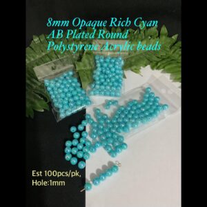 8mm Opaque Rich Cyan Blue AB Plated Round Polystyrene beads (est 100pcs)