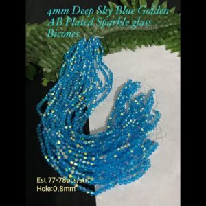 4mm Deep Sky Blue Half Golden AB Plated Sparkle Glass bicones (est 77-78pcs)