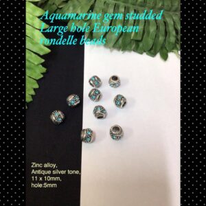 11x10mm Aquamarine Rhinestone Studded Platinum tone European drum beads