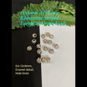 12x9mm AB Clear Rhinestone Striped Platinum tone European drum beads