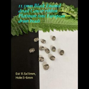 11.5mm Black Enamel detail Cancer Ribbon Platinum tone European drum beads