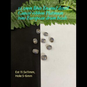 11.5mm Blue Enamel detail Cancer Ribbon Platinum tone European drum beads