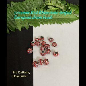 12x9mm Red rhinestone Striped Platinum tone European drum beads