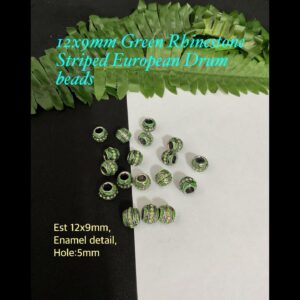 12x9mm Green rhinestone Striped Platinum tone European drum beads
