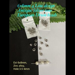 6x8mm 4 Line design Antique Silver tone European drum beads (12pcs)