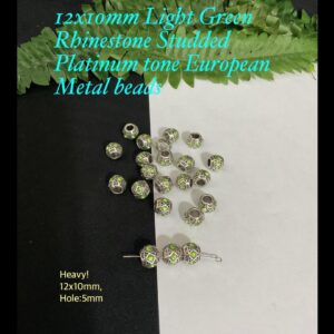 12x10mm Light Green Rhinestone Studded Platinum Tone European beads