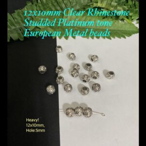12x10mm Clear Rhinestone Studded Platinum Tone European beads