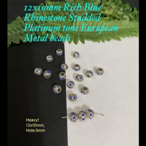 12x10mm Rich Blue Rhinestone Studded Platinum Tone European beads