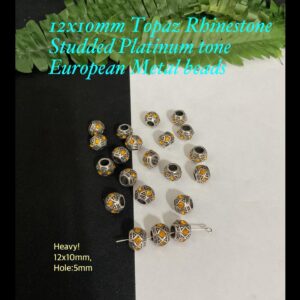 12x10mm Topaz Rhinestone Studded Platinum Tone European beads