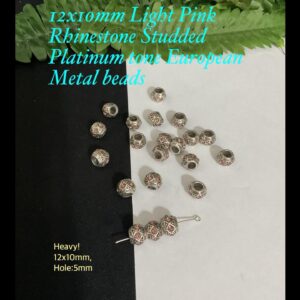 12x10mm Light Pink Rhinestone Studded Platinum Tone European beads