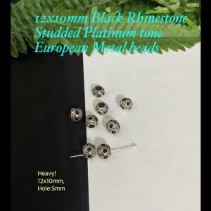 12x10mm Black Rhinestone Studded Platinum Tone European beads