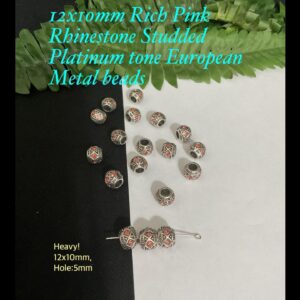 12x10mm Rich Pink Rhinestone Studded Platinum Tone European beads