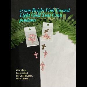 25mm Bright Pink Enamel Light Gold tone Cross pendants (4pcs)