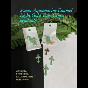 25mm Aquamarine Enamel Light Gold tone Cross pendants (4pcs)