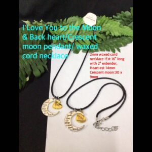 I Love You to the Moon & Back Mom Heart/Crescent Moon pendant/waxed cord necklace