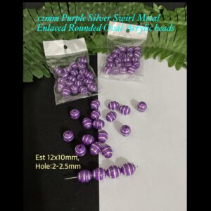 12mm Purple Silver Swirl Metal enlaced rounded oval acrylic beads (est 20pcs)