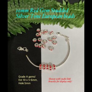 10mm Red Gem Studded Silver Tone Large Hole Metal beads
