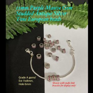 11mm Purple Mauve Gem Studded Antique Silver Tone European beads