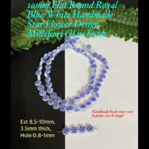 10mm Flat Round Royal Blue/White handmade Star Flower Design Millefiori Glass beads (10pcs)