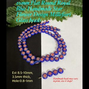 10mm Flat Round Royal Blue handmade Star Flower Design Millefiori Glass beads (10pcs)