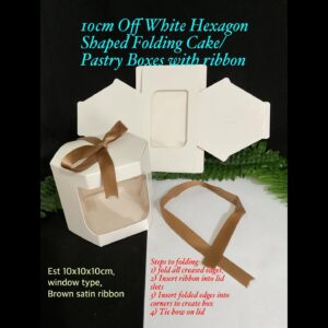 10cm Off White Hexagon Shaped Folding Cake/pastry boxes with ribbon